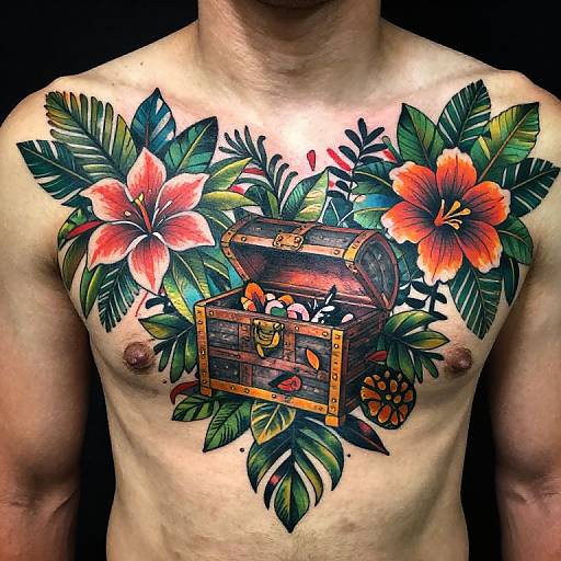 Colorful Traditional Jungle Chest Tattoo