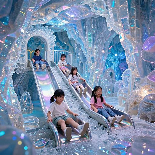 Photograph of five Asian children riding dual illuminated escalators through a sparkling, futuristic, ice-like cavern adorned with blue and white lights.