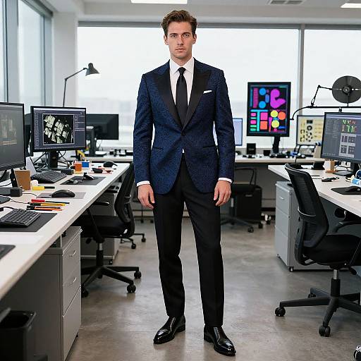 Photograph of a serious, attractive man in a dark blue pinstripe suit and black tie, standing in a modern, brightly lit office with multiple