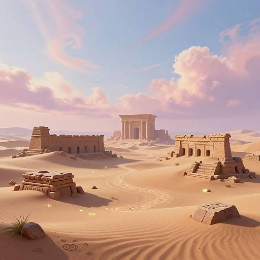 Digital art: Desert ruins with three ancient stone structures, sand dunes, footprints, sunlit, pink and blue sky, fluffy clouds.