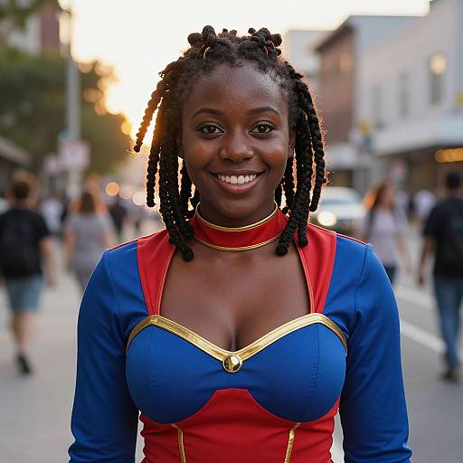 Photograph of a smiling Black woman with dreadlocks, wearing a blue and red Wonder Woman costume, standing on a busy street at sunset.