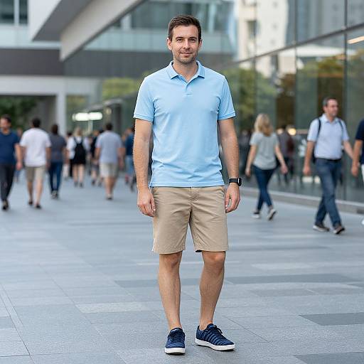 Photograph of a smiling, short-haired man in light blue polo, beige shorts, and navy sneakers, walking in a bustling urban plaza.