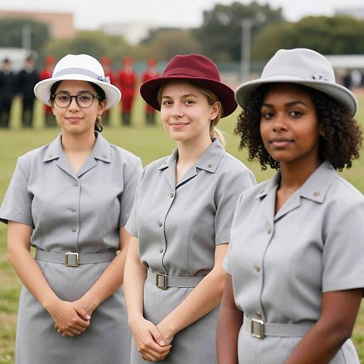 Three Women in Gray Uniforms Outdoors