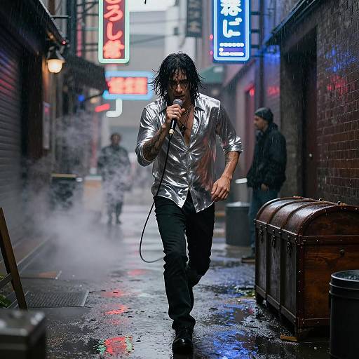 Intense Rock Musician in Urban Rain