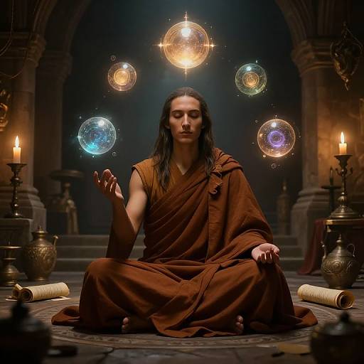 Photograph of a long-haired, brown-robed man meditating in a dimly lit, ancient temple, with floating, glowing bubbles and candles around