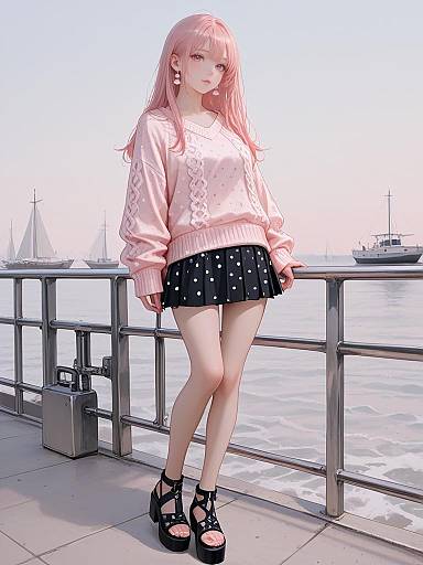 Anime-style digital drawing of a pink-haired girl in a pink sweater and black polka dot skirt, standing by a waterfront railing, with sailboats in
