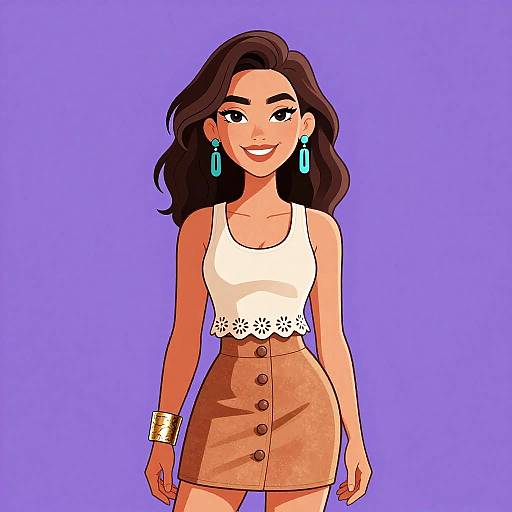 Digital illustration of a smiling woman with wavy brown hair, wearing a white lace crop top, brown button skirt, gold bracelet, and turquoise earrings,