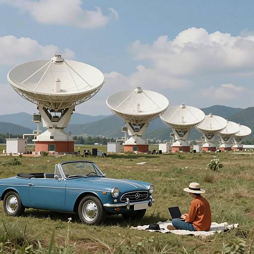 Vibrant Scene with Satellite Dishes and Car