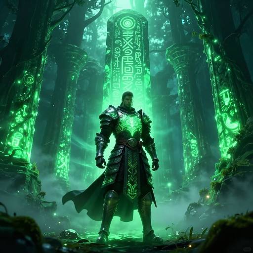 Glowing Mystical Warrior in Enchanted Forest