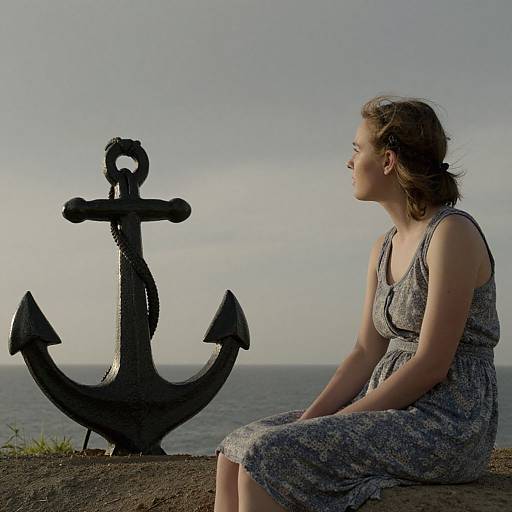 Photograph of a young woman with light brown hair in a grey patterned dress, sitting beside a black anchor sculpture, overlooking a calm ocean under a