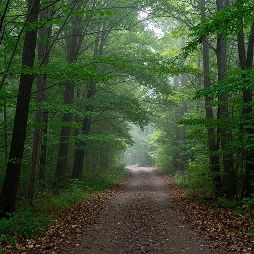 Photograph of a misty, leaf-covered forest path, flanked by tall, dense trees with bright green foliage, disappearing into the foggy distance