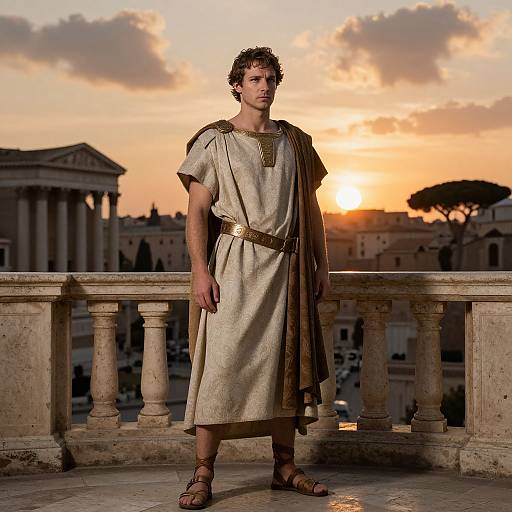 Photograph of a curly-haired man in ancient Roman attire, standing on a balcony at sunset, with classical architecture and a warm orange sky in the background