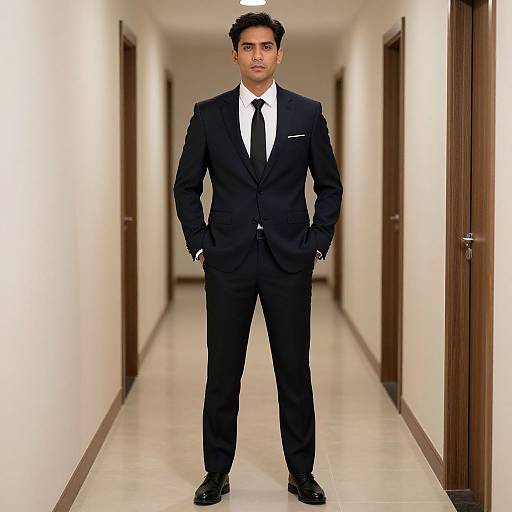 Photograph of a serious, handsome South Asian man in a black suit, white shirt, black tie, standing confidently in a long, white-tiled