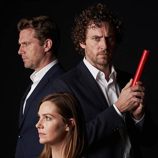 Formal Portrait of Three Individuals in Darkness