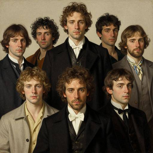 Photograph-style digital painting of eight curly-haired young men in Victorian attire, posing against a neutral background, displaying serious expressions.