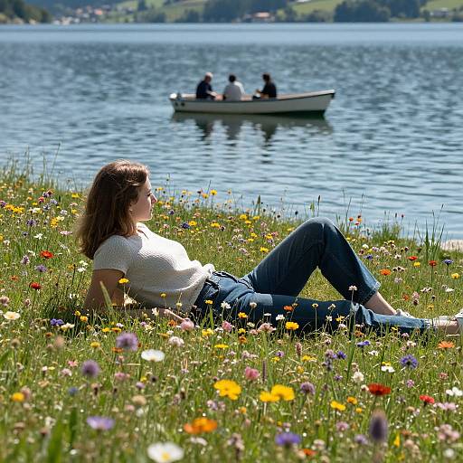 Photograph of a woman with brown hair, white shirt, and blue jeans reclining on a flower-filled grassy bank, watching a boat with three