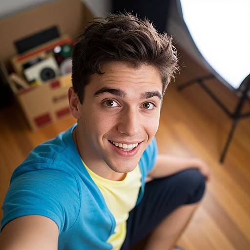 Photograph of a smiling young man with short brown hair, wearing a blue shirt and yellow tee, sitting on a wooden floor with a camera box and
