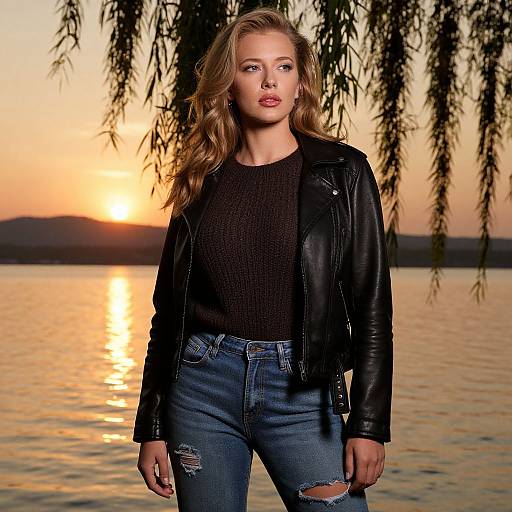 Photograph of a blonde woman with wavy hair wearing a black leather jacket, black knit top, and ripped jeans, standing by a sunset-lit