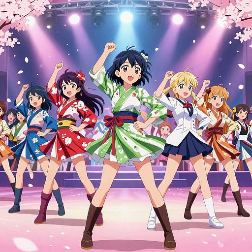 Anime-style illustration of a dance performance featuring six girls in colorful kimonos, raising arms under bright stage lights with cherry blossom petals falling.