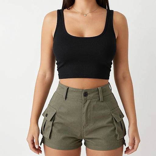 Photograph of a woman in a black ribbed crop tank top and olive green cargo shorts, with a simple gold necklace.