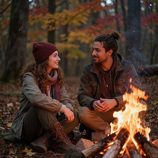 Photograph of a smiling couple sitting by a campfire in a forest, wearing autumnal clothes, with colorful leaves and trees in the background.