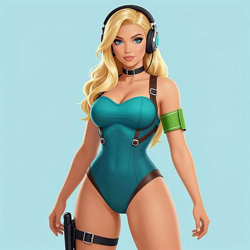 Digital art of a blonde woman with blue eyes, wearing a teal bodysuit, black headphones, green armband, and black thigh strap,