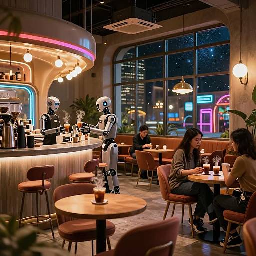 Photograph of a futuristic café at night with two humanoid robots serving drinks at a curved counter, and three people sitting at wooden tables, illuminated by neon