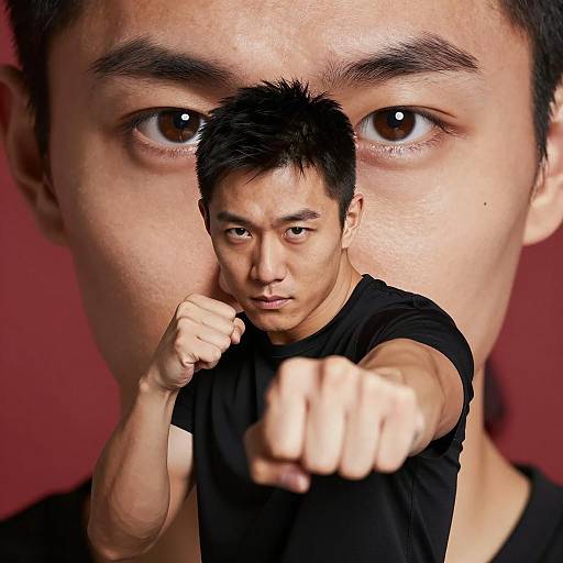 Dynamic Asian Man Punching with Intensity