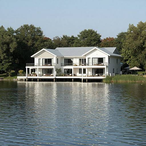 Photograph of a white, two-story house with balconies on a lake, surrounded by trees, with calm water reflecting the house.