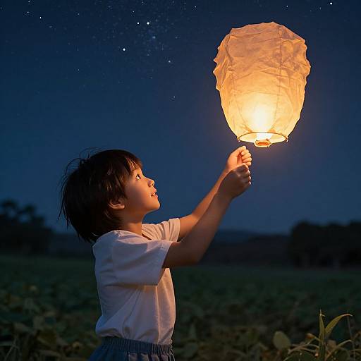 Photograph of a young boy with short black hair, wearing a white shirt, releasing a glowing paper lantern into a starry night sky over a dark