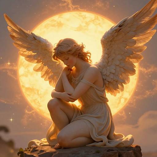 Digital artwork of a serene, winged angel with golden feathers kneeling before a glowing, radiant sun, praying with closed eyes.