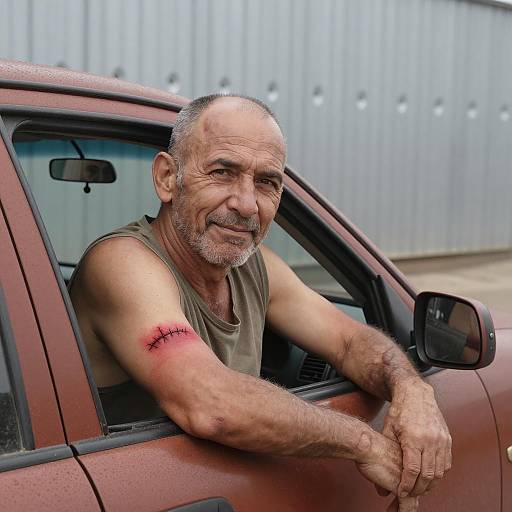 Middle-aged man with stitched arm leaning out of car window