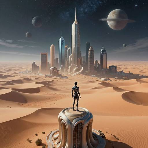 CGI image of a futuristic, silhouetted figure standing on a sleek, dome-shaped structure in a vast, sandy desert, overlooking a sci