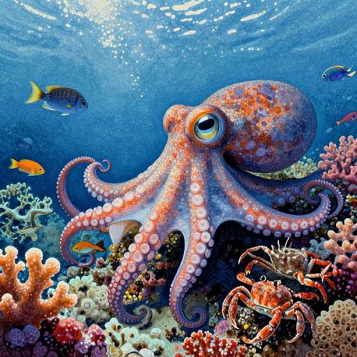 Vibrant underwater photograph of a pink and orange octopus with spotted skin, surrounded by colorful coral, fish, and crabs, in a sunny