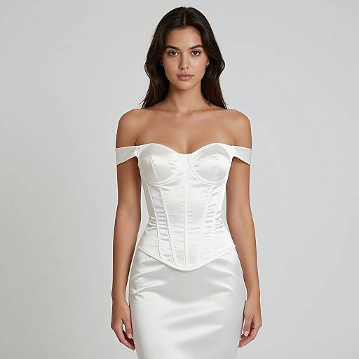 Photograph of a woman with long dark hair, wearing an off-shoulder, white satin corset dress, standing against a plain white background.