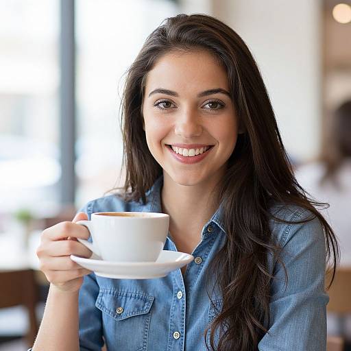 Photograph of a smiling young woman with long dark hair, wearing a blue denim shirt, holding a white cup on a saucer, in a brightly