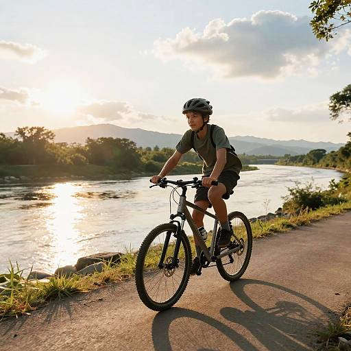 Boy Biking Along Scenic Riverside