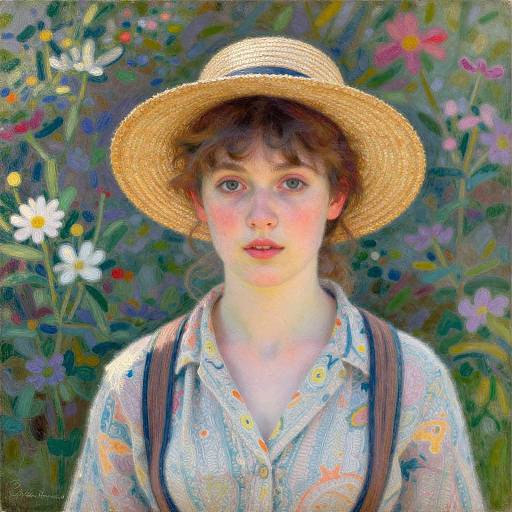 Digital painting of a fair-skinned, young woman with brown hair in a straw hat, floral shirt, and suspenders, surrounded by colorful flowers.
