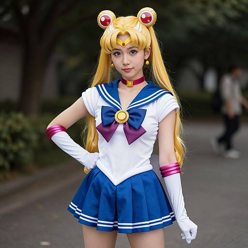 Photograph of an Asian woman cosplaying Sailor Moon, wearing a blue and white sailor suit, blonde hair in twin buns, red choker,