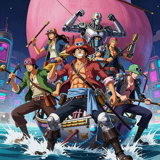 Digital anime-style illustration of six muscular men with varied outfits and accessories, standing on a boat, against a neon-lit cityscape and large pink moon