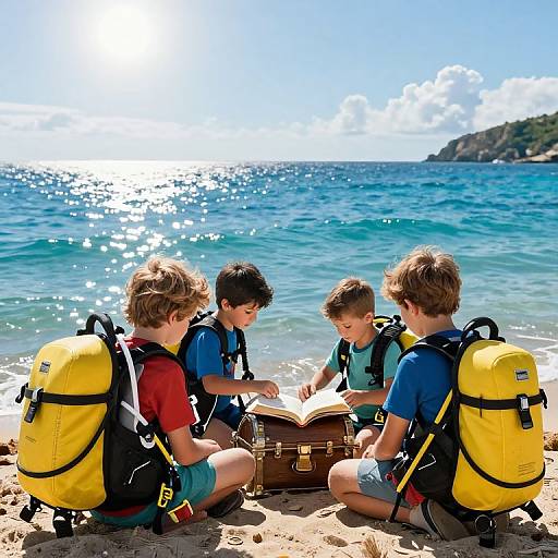 Four boys in yellow backpacks and life vests sit on a sunny beach, reading a book together with the ocean in the background.