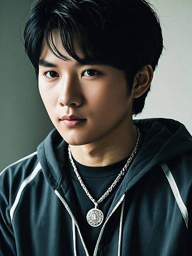 Young Asian Man in Black Tracksuit with Necklace