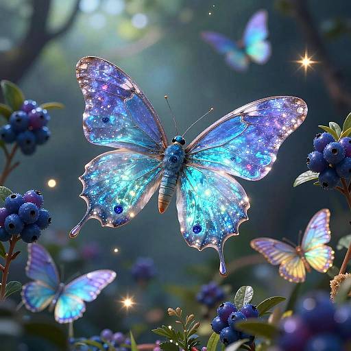 Photograph of a glowing blue butterfly with starry wings, surrounded by blueberries and other luminescent butterflies in a mystical forest.