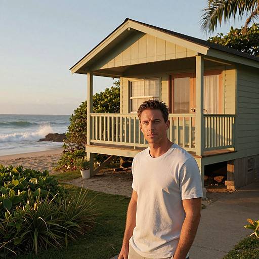 Photograph of a young man in a white t-shirt standing in front of a green beachside cottage at sunset, with waves and palm trees in the