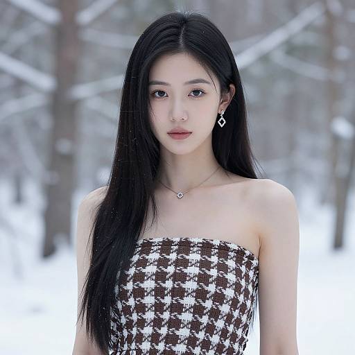 Photograph of an Asian woman with long black hair, wearing a strapless black-and-white houndstooth dress, standing in a snowy forest.