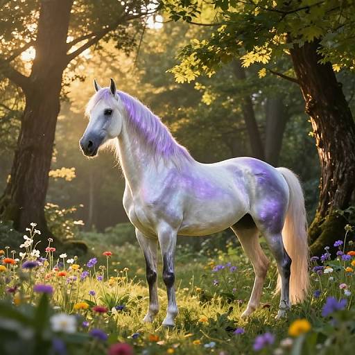 Photograph of a white and purple dappled unicorn standing in a sunlit forest meadow, surrounded by colorful wildflowers and tall trees.