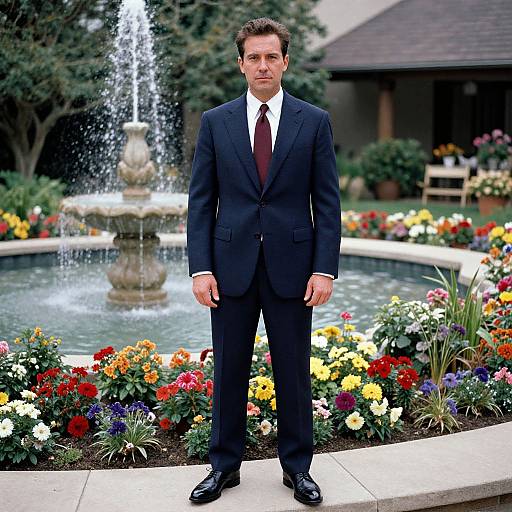 Photograph of a middle-aged man in a black suit, white shirt, and maroon tie standing in a vibrant garden with a fountain and colorful flowers