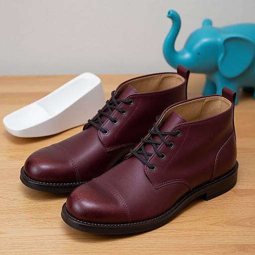 Photograph of maroon leather lace-up shoes with black laces, white slipper, and blue elephant figurine on wooden surface.