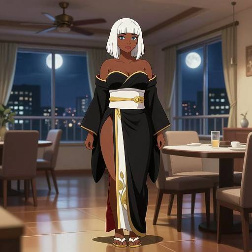 Digital anime-style drawing of a dark-skinned woman with white bob haircut, black off-shoulder kimono, white obi, and sandals,