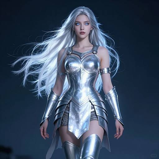 Digital artwork of a fierce, blue-eyed, white-haired woman in silver, armored attire with flowing hair, standing confidently against a dark blue background.
